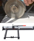 Heavy Duty All Steel Manual Tile Cutter With Self Service Oil System And Easy Glide Wheels for precise cuts up to 1200mm. Close-up of cutting wheel.