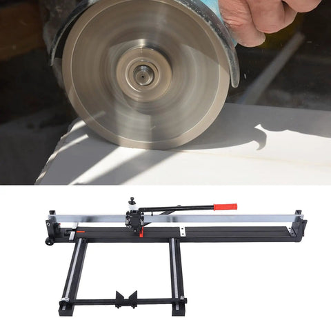 Heavy Duty All Steel Manual Tile Cutter With Self Service Oil System And Easy Glide Wheels for precise cuts up to 1200mm. Close-up of cutting wheel.