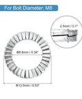 Premium Wedge Locking Washers For M8 Bolts 10 Pack 304 Stainless Steel, showing M8 diameter measurements and design details.
