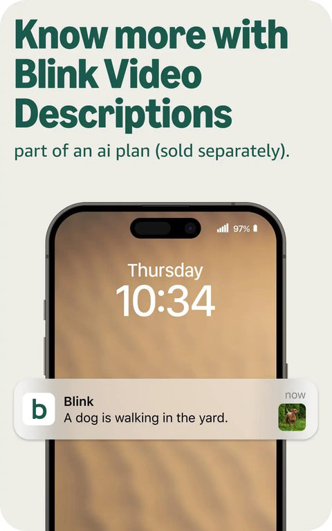 Smartphone showing alert from Mini 2K Plus Plug In Indoor Security Camera for home and pets, Blink AI plan sold separately