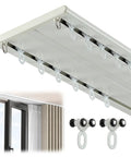 Premium Double Row Curtain Track Rollers Set Featuring Smooth As Butter Gliding Action For Quiet Bedrooms And Living Rooms Comes With Ten Durable White Ceiling Sliders That Slide Without A Hitch Every Single Time, displaying ceiling track and rollers.