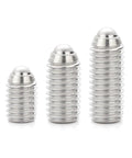 Kickass Heavy Duty Stainless Steel Ball Plunger Set With Slick Knurled Thumb Nut And Hex Socket Set Screws In M3 M4 M5 M6 M8 Sizes showing three plunger sizes.