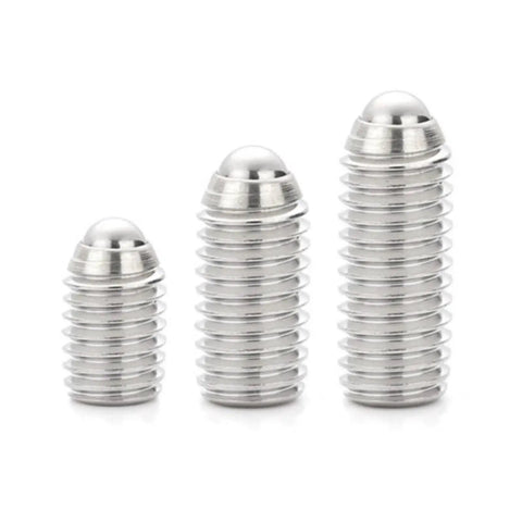 Kickass Heavy Duty Stainless Steel Ball Plunger Set With Slick Knurled Thumb Nut And Hex Socket Set Screws In M3 M4 M5 M6 M8 Sizes showing three plunger sizes.