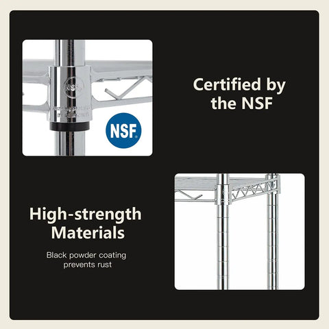High-strength materials of Straight Up Rock Solid Five Tier Wire Shelving Unit With Adjustable Shelves and Foot Levelers certified by NSF.