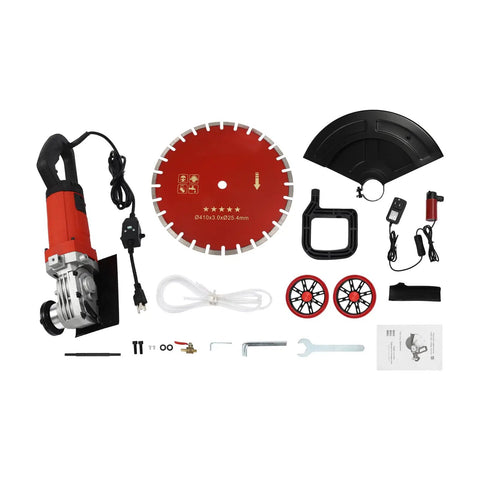 Heavy Duty Electric Concrete Saw With Four Thousand Watt Motor And Industrial Diamond Blade For Cutting Granite Porcelain Wood And Masonry Job Site Ready Built Tough As Nails with accessories laid out.