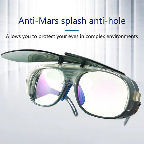 Heavy Duty Welding Safety Glasses With Wrap Around Anti Glare Arc Lens And Comfortable Ergonomic Eye Protection Goggles detailed view with flip-up lens.