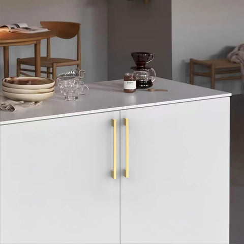 Top Shelf Brushed Gold Cabinet Pulls And Drawer Handles Built From Heavy Duty Zinc Alloy Measuring 10 Inch Center To Center on white cabinet.