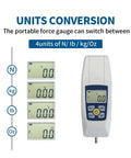 Digital Force Gauge With Backlit LCD & Auto Off Feature Push Pull Tester showing unit conversion for N, kg, lb, Oz.