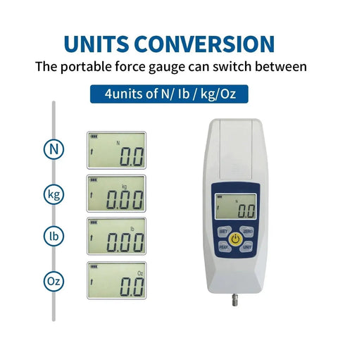 Super Slick Digital Force Gauge Push Pull Tester Meter With Backlit Lcd Display Auto Power Off showing unit conversion options on screen.