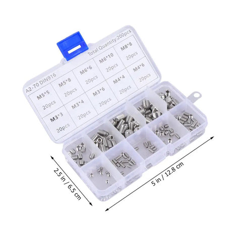 Headless Grub Screws Set With Hex Socket Stainless Steel M8 And M5 Kit, flat point, in organizer case