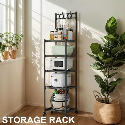 Super Tough As Nails Five Tier Rolling Shelving Unit Heavy Duty Storage Rack One Hundred Ten Pounds Capacity Total Game Changer Flexible Multi Purpose Organizer For Home Workspace Setup in corner with kitchenware.