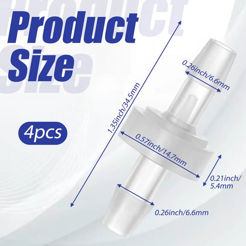 Four Pack One Quarter Inch Check Valve 6mm One Way Barb Hose Inline Plastic Non Return Valve For Air Intake Water And Oil Systems, Durable White Pump Check Valve With Secure Connection, product dimensions.