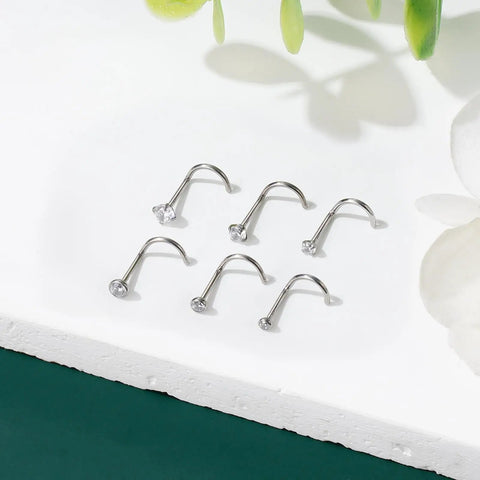 Premium Titanium Corkscrew Nose Studs With Cubic Zirconia Tops, 20g Hypoallergenic Silver Nose Ring Set For Women And Men, Clean Fit Everyday Jewelry Six Pack Fresh Picks Real Ones Drip displayed on a flat surface.