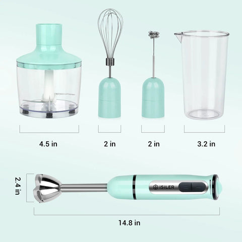 All-In-One 5-In-1 Immersion Hand Blender With 500W Power And Quick-Connect Attachments 860ml Food Chopper 600ml Beaker Milk Frother Egg Whisk 8 Speeds For Purees Smoothies Soups And Infant Meals displayed with measurements