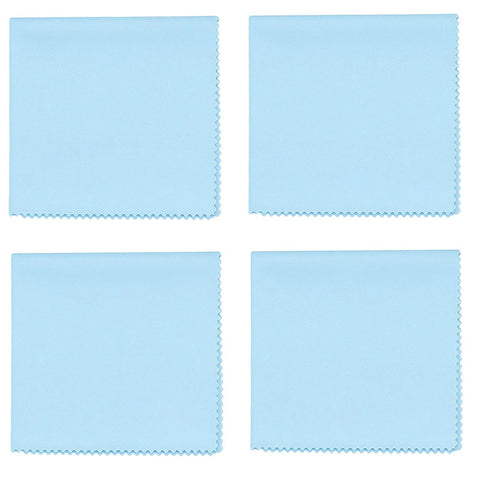Four light-blue microfiber cleaning cloths, 11.5 x 11.5 in, lint-free, non-scratch; top-down view.