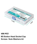 M3 Button Head Socket Cap Screws And Hex Nuts Assortment Kit With Flat And Lock Washers 400 pieces in clear storage box.