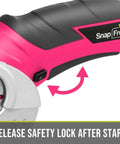 Close-up of the safety lock on Cordless Electric Scissors For Quick Unpacking And Crafting with a pink and black grip.