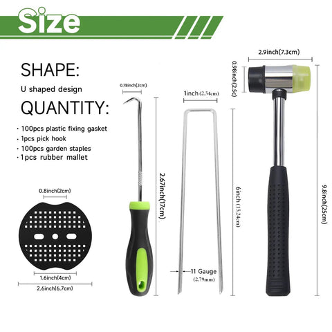 6 Inch Landscape Staples Set 11 Gauge Galvanized U Shaped Garden Stakes 100 Pack With Gaskets Hook Tool And Rubber Mallet For Weed Fabric And Landscaping No Fuss Easy Install