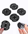 100Pcs Garden Staples Plastic Buffer Washers For Landscape Stakes Gaskets Yard Pins Gasket For Weed Barrier Fabric Keeps Barrier From Ripping And Delivers A Sturdier Hold Black shown with five washers and hand-held close-up view.