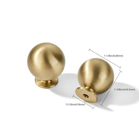 Top Shelf 10 Pack Solid Brass Cabinet Knobs Sleek Round Ball Hardware With Slick Brushed Gold Finish, 28mm wide for drawer upgrades.