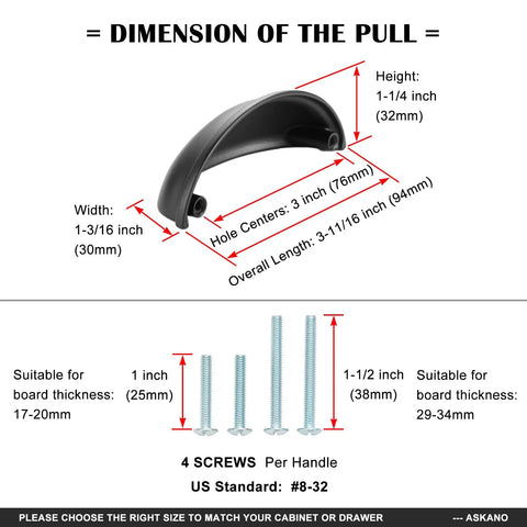 Dimensions diagram for Pack Of 10 Oil Rubbed Bronze Bin Cup Pull Handles For Kitchen Cabinets and Drawers Heavy Duty Zinc Alloy Hardware.