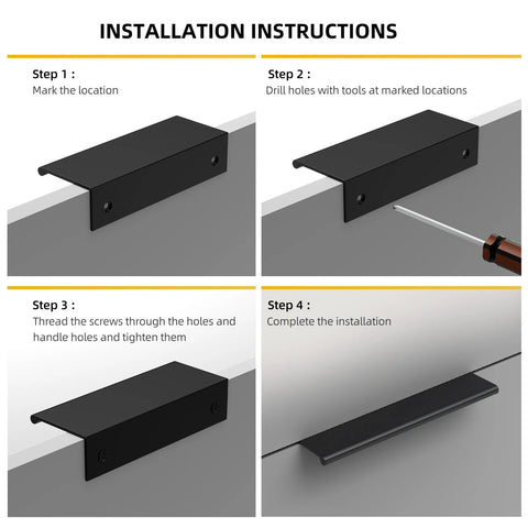 Installation instructions for 20 Pack Black Cabinet Pulls 3 Inch Edge Finger Pull Aluminum Alloy Hardware with solid one piece construction.