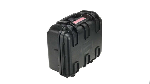 Kickass Hard Camera Case Featuring Smooth Side Handles And Custom Foam Dividers For DSLR Gear Transport, black color, side view.