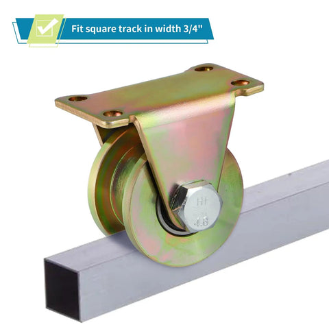 Set Of Four 2 Inch H Type Galvanized Steel Rollers With Iron Brackets For Three Quarter Square Tube Track Heavy Duty Badass Carriers For Sliding Gates And Utility Carts Rated 375 Lbs mounted on 3/4 inch track