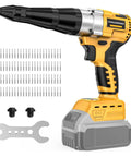 Heavy Duty Brushless Cordless Rivet Gun Compatible With DeWalt 20V Battery, includes rivets and tools for metal work.