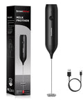 Rechargeable Handheld Milk Frother With USB C Charging, Cordless Electric Foam Maker And Stainless Steel Whisk displayed with box and cable