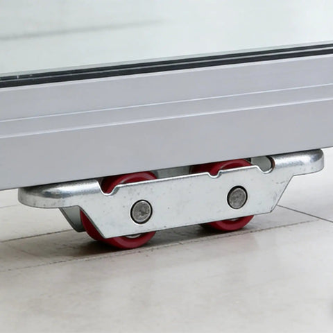 Close-up of 2 Sets Dual Nylon Wheels Sliding Door Rollers with 8 Screws for PVC Track Window Slider Replacement, featuring red wheels.