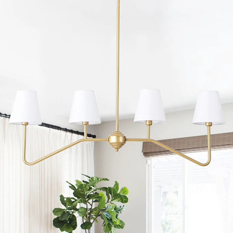 39 Inch Four Light Gold Island Pendant With White Fabric Shade Modern Dining Room Chandelier For Kitchen Island Foyer And Living Room E12 Bulb Base Gold Finish hanging in room