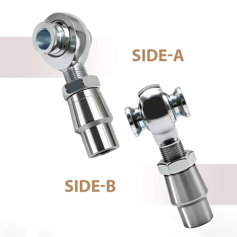 Two Pair 5/8 Inch Chromoly Heim Joint Rod End Kit With Spacers And Lock Nuts Heavy Duty Suspension linkage parts showing Side A and B.