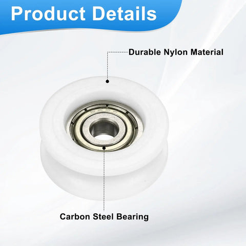 Isolated close-up of a white U Type Nylon Groove Bearing Roller with carbon steel bearing, for smooth sliding door operation.