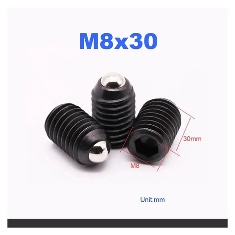 Top Shelf Stainless Steel Spring Ball Plungers Loaded With Hex Drive Snappy Locking Action M8 X 30mm Precision Set Screws for Heavy Duty machinery.