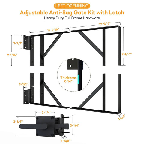 Heavy Duty Anti Sag Gate Kit With Left Opening Latch And Adjustable Bracket Gate Frame Hardware For Wooden Fence Or Patio Fits 24 To 60 Inch Wide Openings Works With 2x4 Lumber, showing steel brackets and latch dimensions.