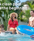 Family enjoying a clean pool with a blue float, showcasing a fun summer day with the Swimsuit Ready 3 Way Water Test Kit.