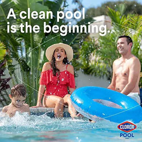 Family enjoying a clean pool with a blue float, showcasing a fun summer day with the Swimsuit Ready 3 Way Water Test Kit.