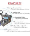 JMS60 Commercial Split Peanut Butter Maker Grinder Stainless Steel Mill Emulsifying Machine illustrated with features and design.