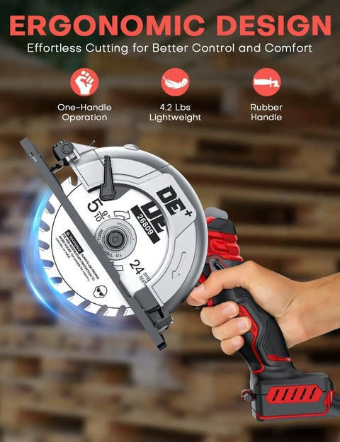 Six Inch Cordless Mini Circular Saw With Brushless Motor And 5900 RPM Blade Compatible With Milwaukee M18 Battery held in hand, ergonomic design shown.