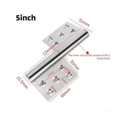 Rock Solid Heavy Duty Detachable Flag Door Hinges With Quick Release Lift Off Pin Joints For Cabinet Windows And Metal Doors 4 Pack Premium Steel Hardware Makes Upgrades A Breeze, 5 inch steel hinge showing dimensions.