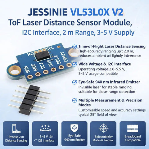 No Fuss VL53L0X V2 TOF Laser Distance Sensor Module with I2C hookup, 2m range, compact design for prototyping.