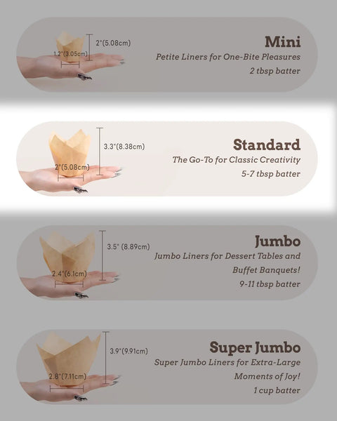 200 Pack Natural Tulip Cupcake Liners Unbleached Baking Cups For Standard Muffin Pans with size dimensions shown in hand.