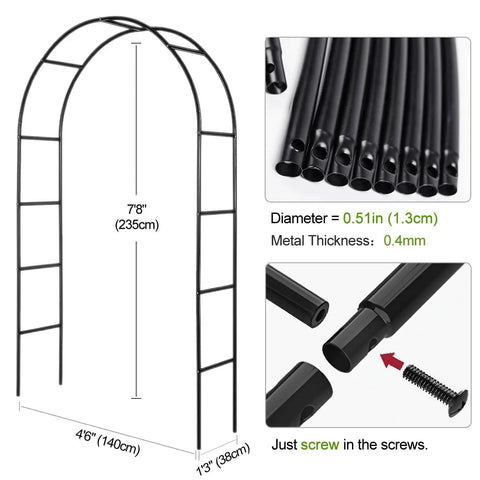 Rust-Resistant Galvanized Metal Garden Arch Trellis, 4.6 Ft Wide By 7.6 Ft Tall with assembly details and dimensions