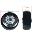 Twin Pack 50Mm Inline Replacement Wheels For Luggage And Skates With Axles Bolts And Washers Heavy Duty Black Polyurethane Tires side view with measurements.