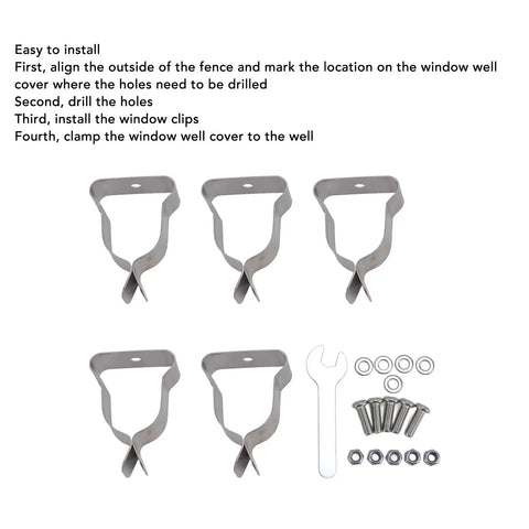 Durable Window Well Cover Hardware Kit Featuring Heavy Duty Cold Rolled Steel Spring Clamps And Zinc Plated Clips For Secure Basement Protection Against Weather Damage And Outdoor Wear, 5 clamps with screws, nuts, washers and wrench