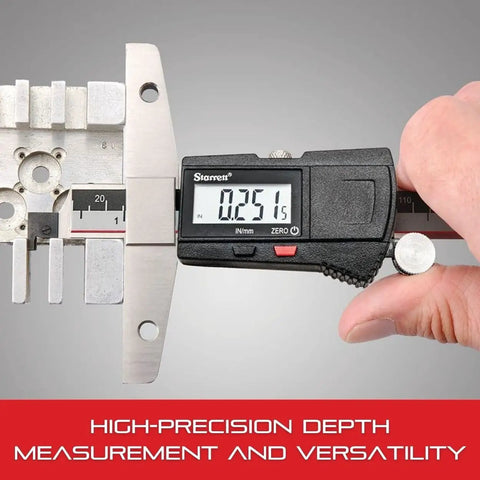 Electronic Depth Gauge With Clear Readout And Fine Adjustment Thumb Roll Removable Hook 0 to 6 Inch Range 0.0005 Inch Resolution