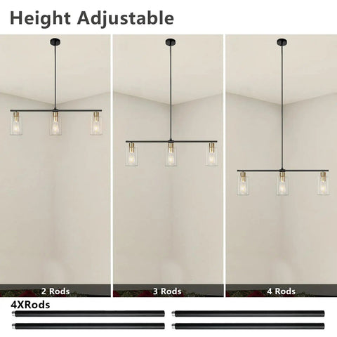 Three Light Linear Farmhouse Kitchen Island Lighting In Black And Gold Finish With Glass Shades shown in adjustable heights