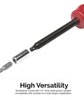 Torque Screwdriver Set With Long Shank And Inch Pound Gauge One Quarter Inch Drive Twenty Hex Bits Adjustable Ten To Fifty Inch Pounds Precision Clicker For HVAC And Gunsmithing showing 1/4-inch drive head with hex bits.