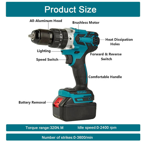 Badass Cordless Drill Driver And Electric Screwdriver With 25 Plus 1 Torque Clutches showcasing features like brushless motor and speed switch.
